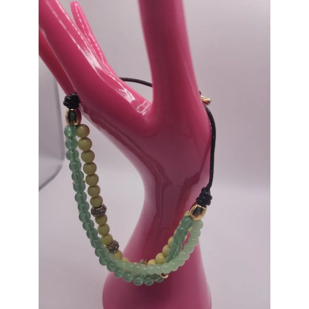Fossil Green Yellow Multi Strand Beaded Bracelet Gold Tone Crystal Accent Slide